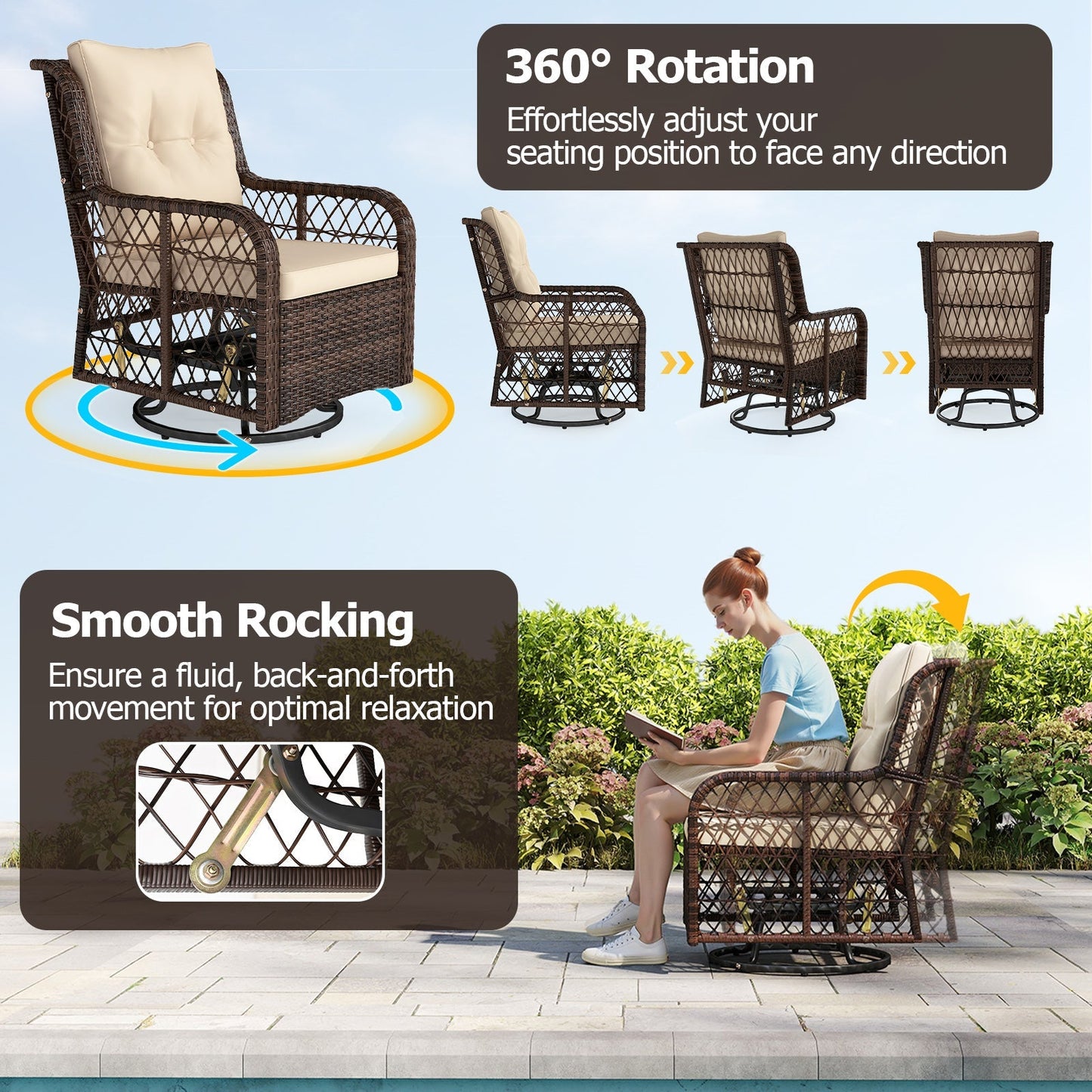3 Pieces Patio Furniture Set PE Wicker Swivel Glider Chairs with 2-Tier Side Table and Cushions