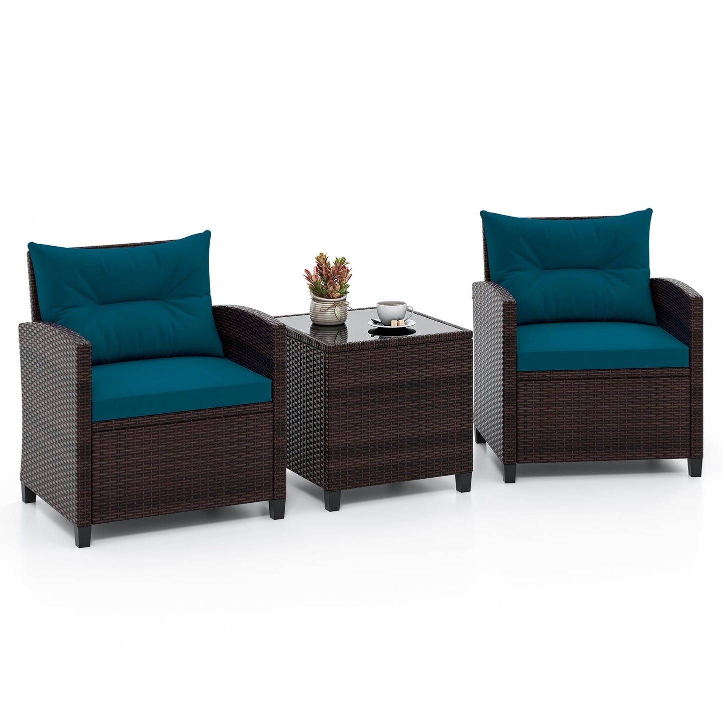 3 Pcs Patio Rattan Furniture Set Cushioned Conversation Set Coffee Table-Beige