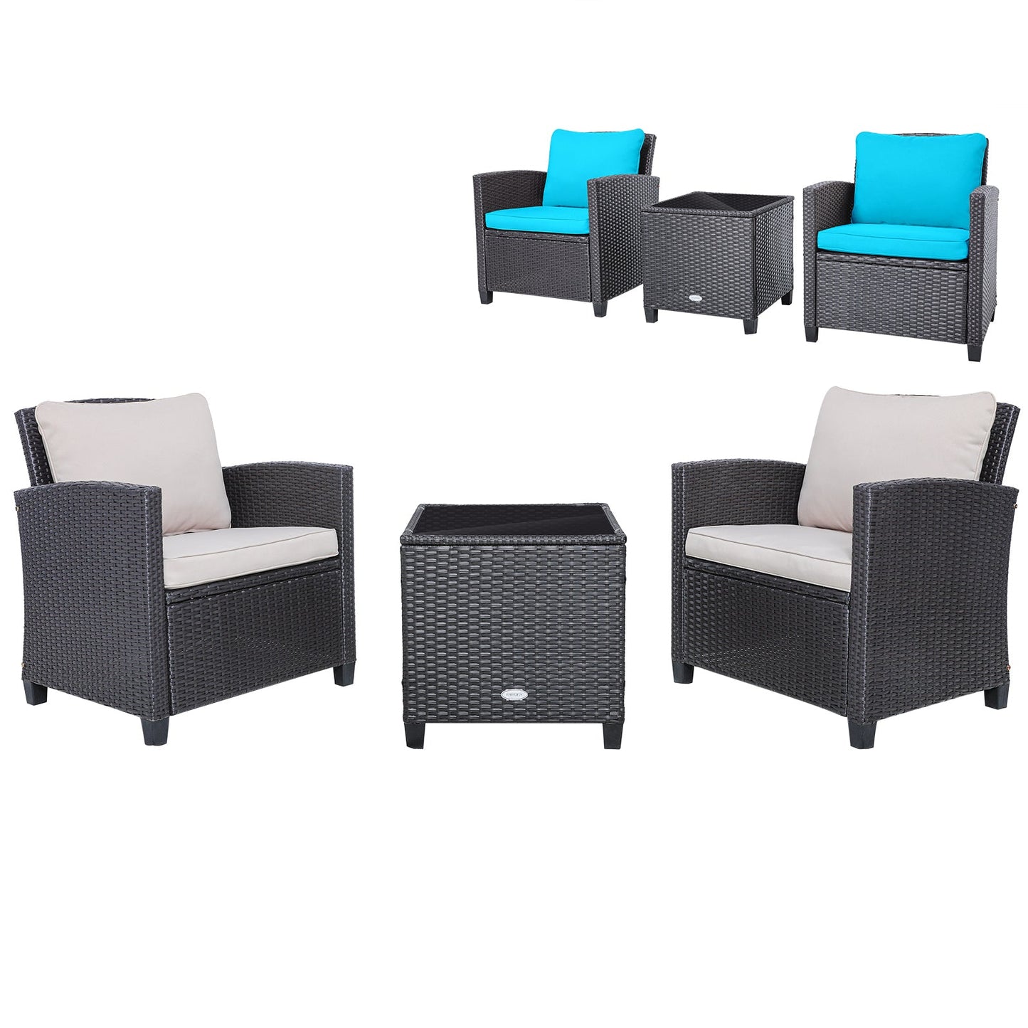 3 Pcs Patio Rattan Furniture Set Cushioned Conversation Set Coffee Table-Beige