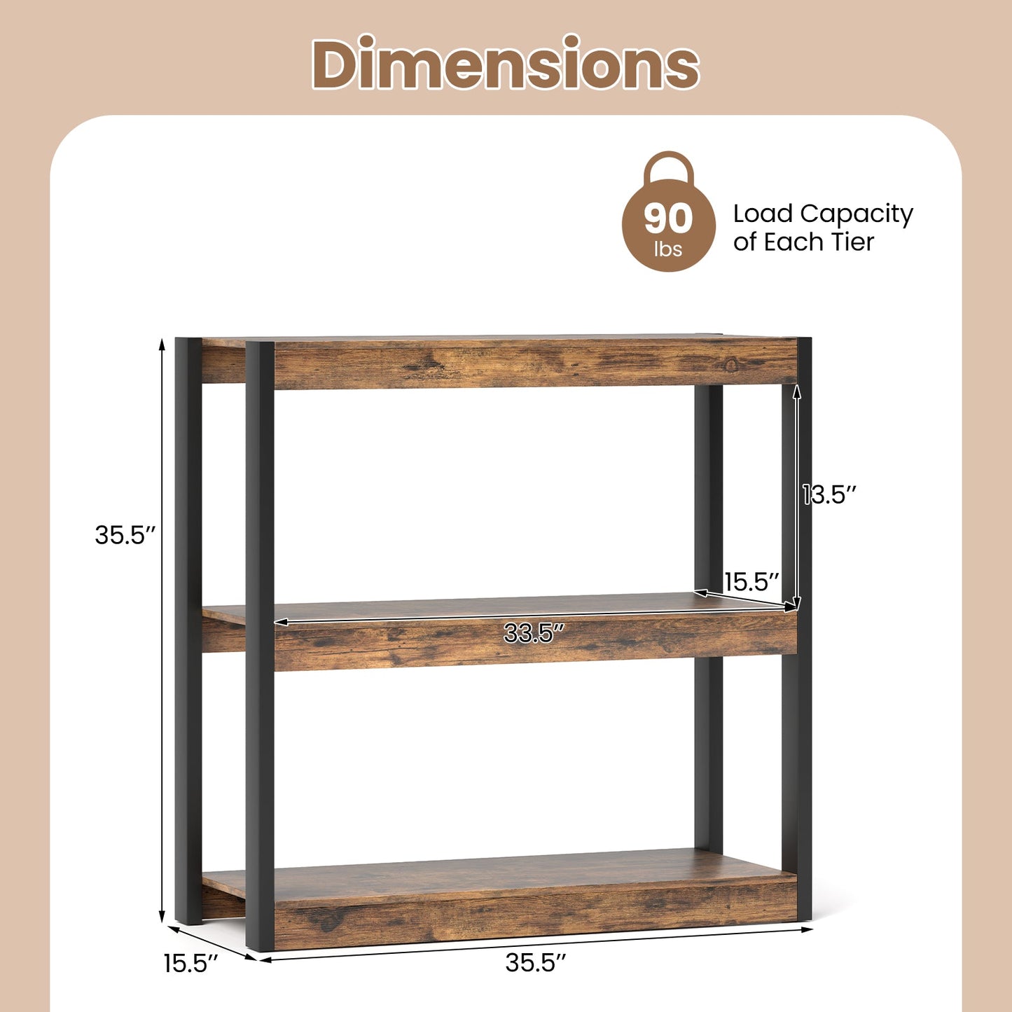 3 Tier Bookshelf Wooden Bookcase with Dual Anti-Tipping Kits