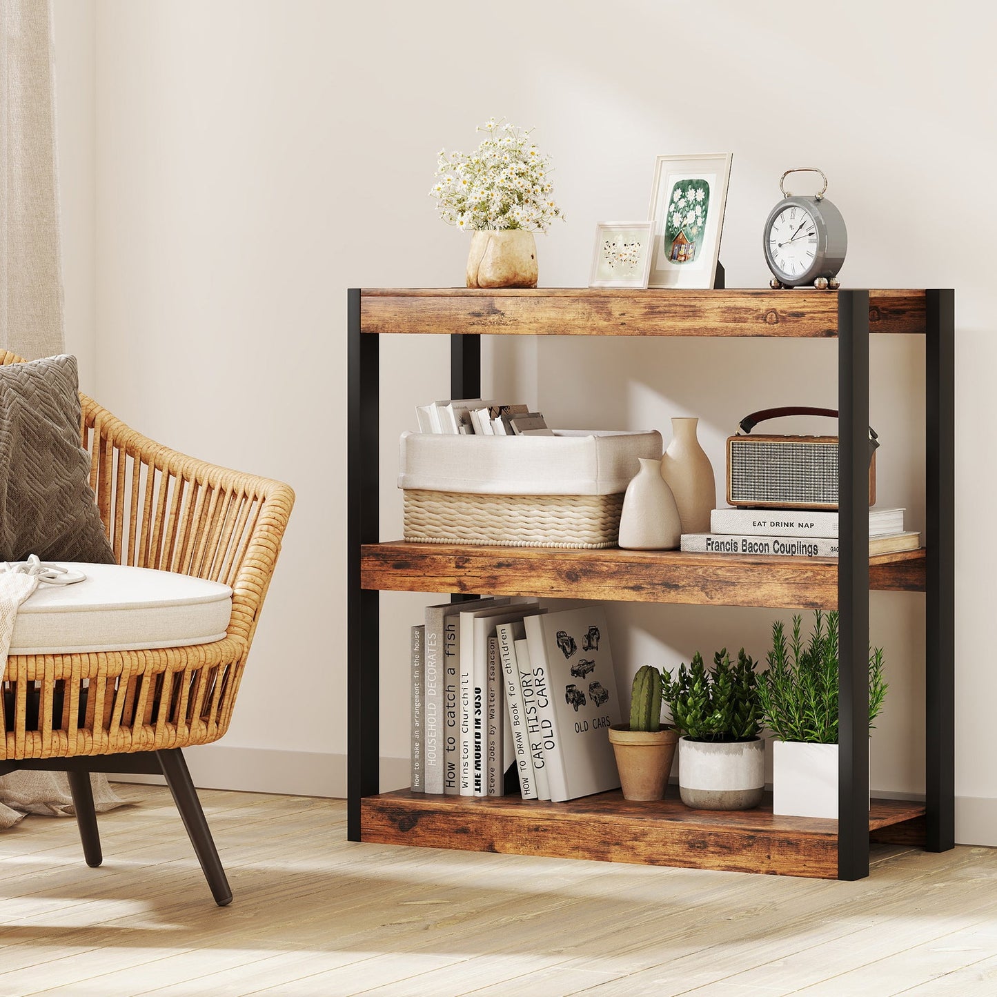 3 Tier Bookshelf Wooden Bookcase with Dual Anti-Tipping Kits