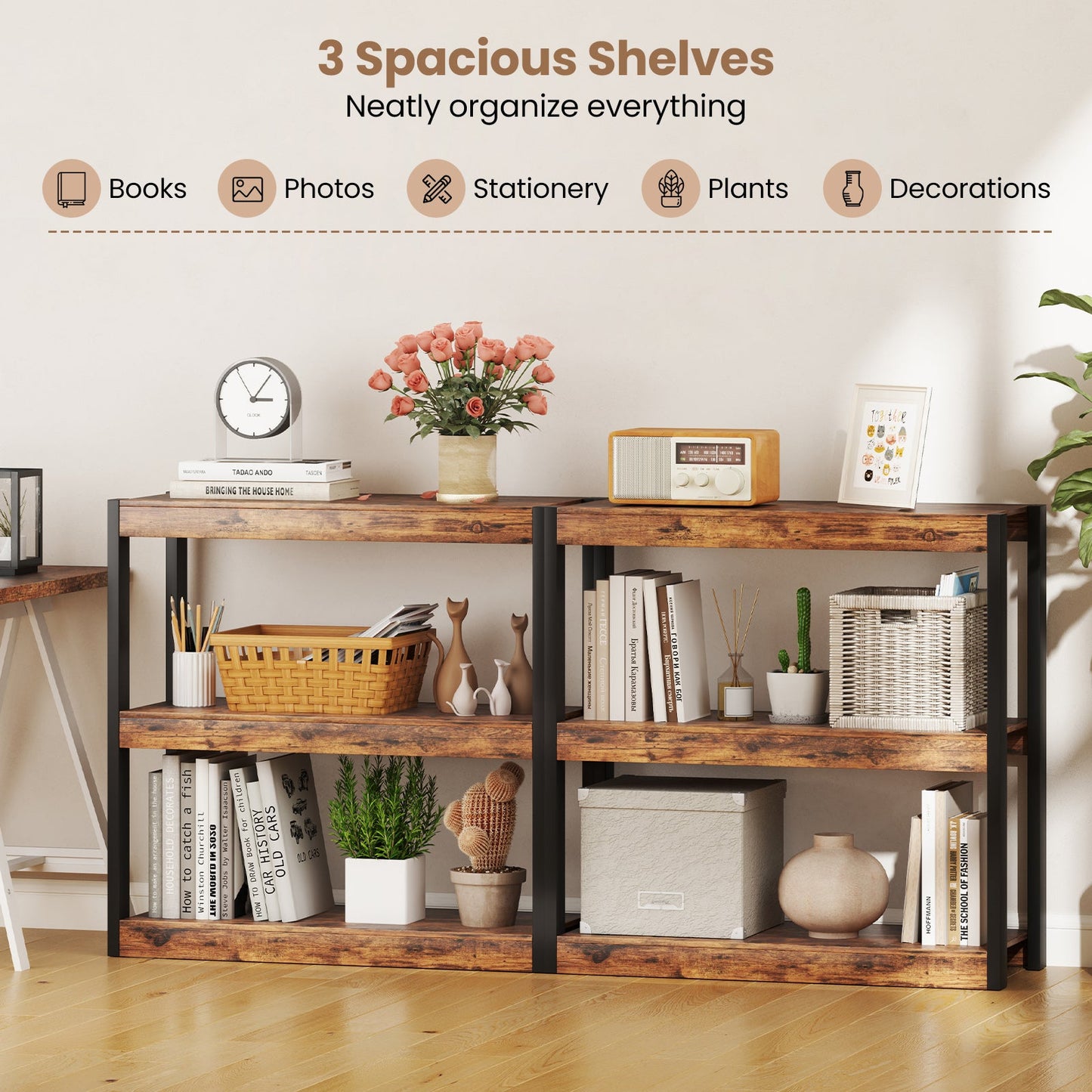 3 Tier Bookshelf Wooden Bookcase with Dual Anti-Tipping Kits