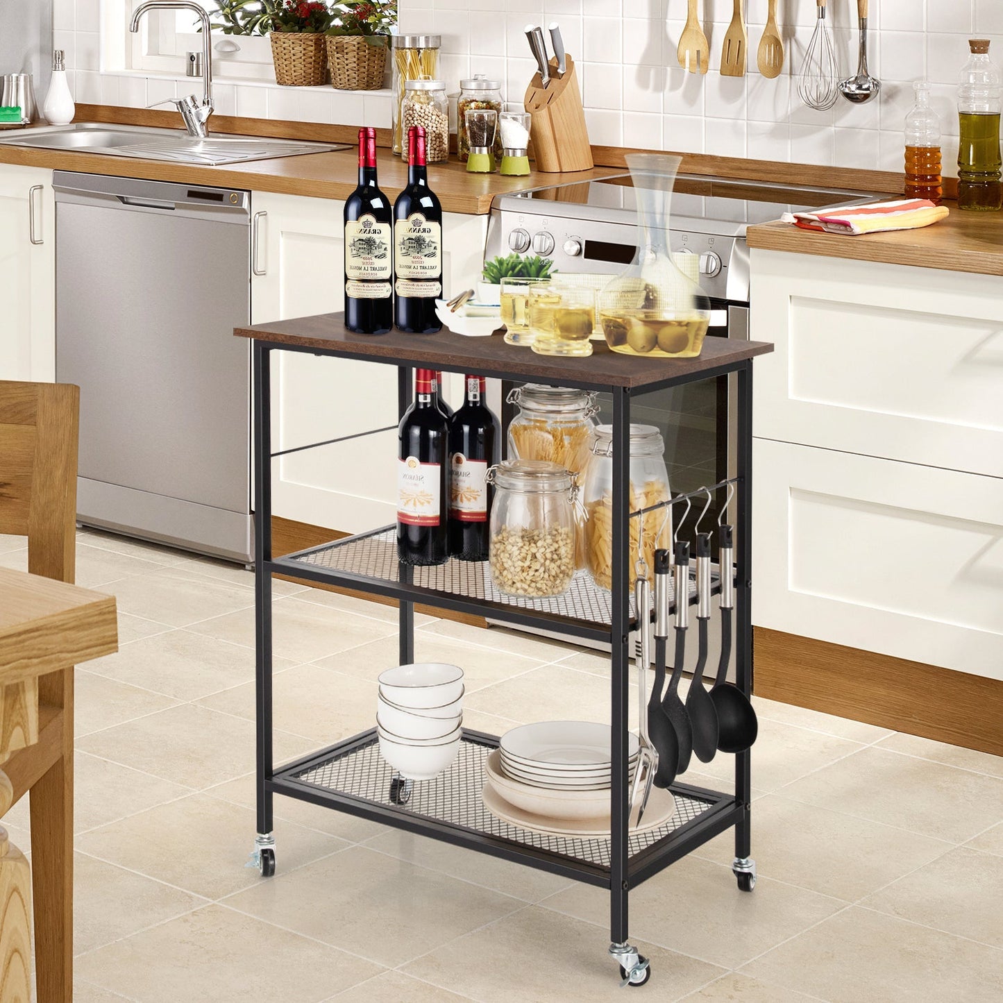 3-Tier Kitchen Utility  Industrial Cart with Storage-Brown