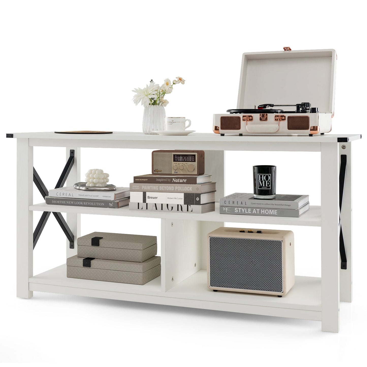 3 Tier Wood TV Stand for 55-Inch with Open Shelves and X-Shaped Frame