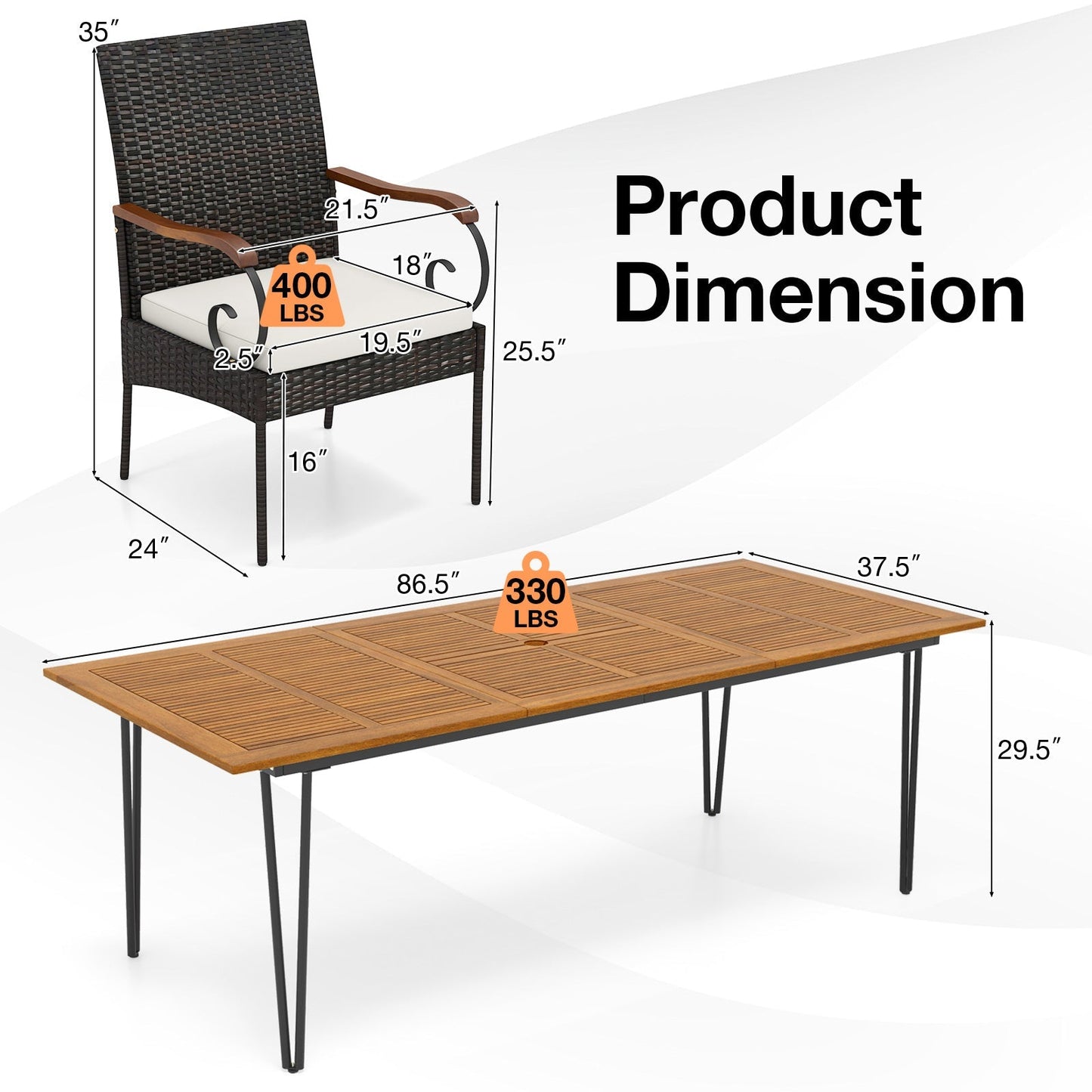 9 Pieces Outdoor Patio Dining Set with Soft Cushions and Umbrella Hole