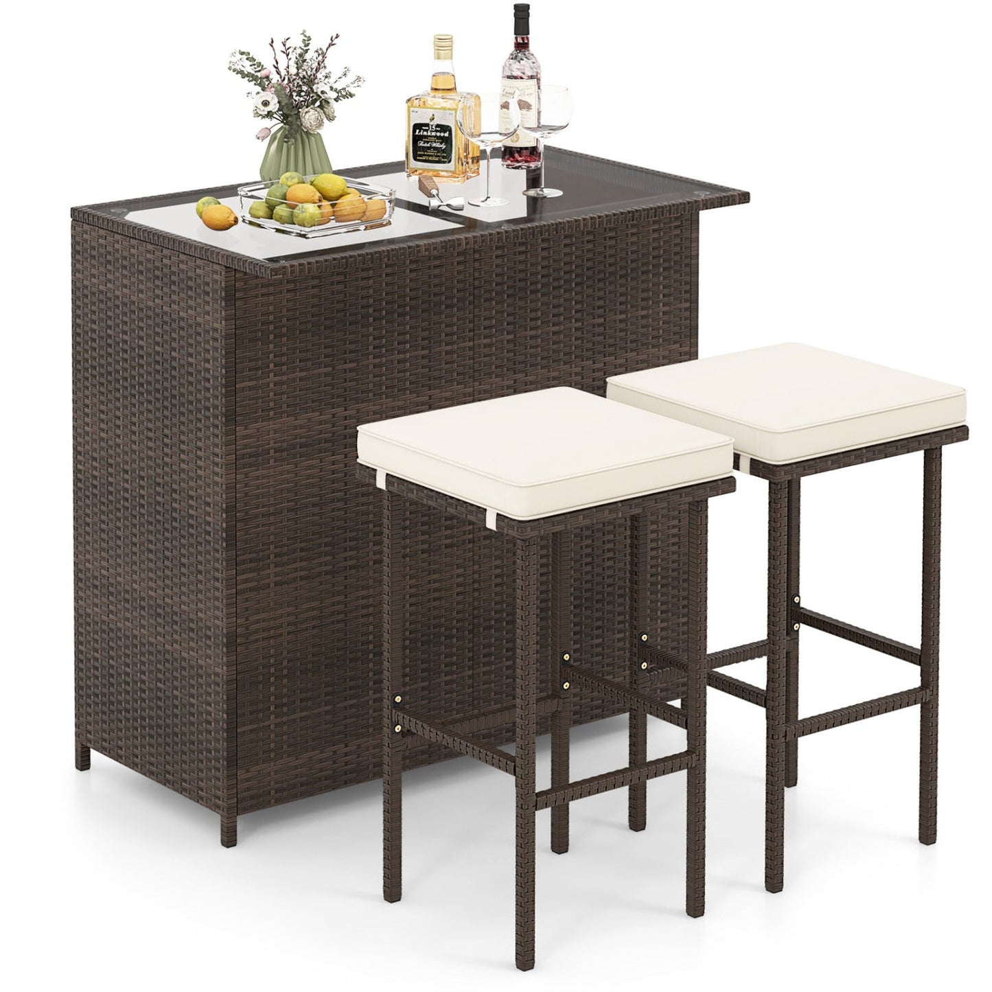 3PCS Patio Rattan Wicker Bar Table Stools Dining Set-Turquoise