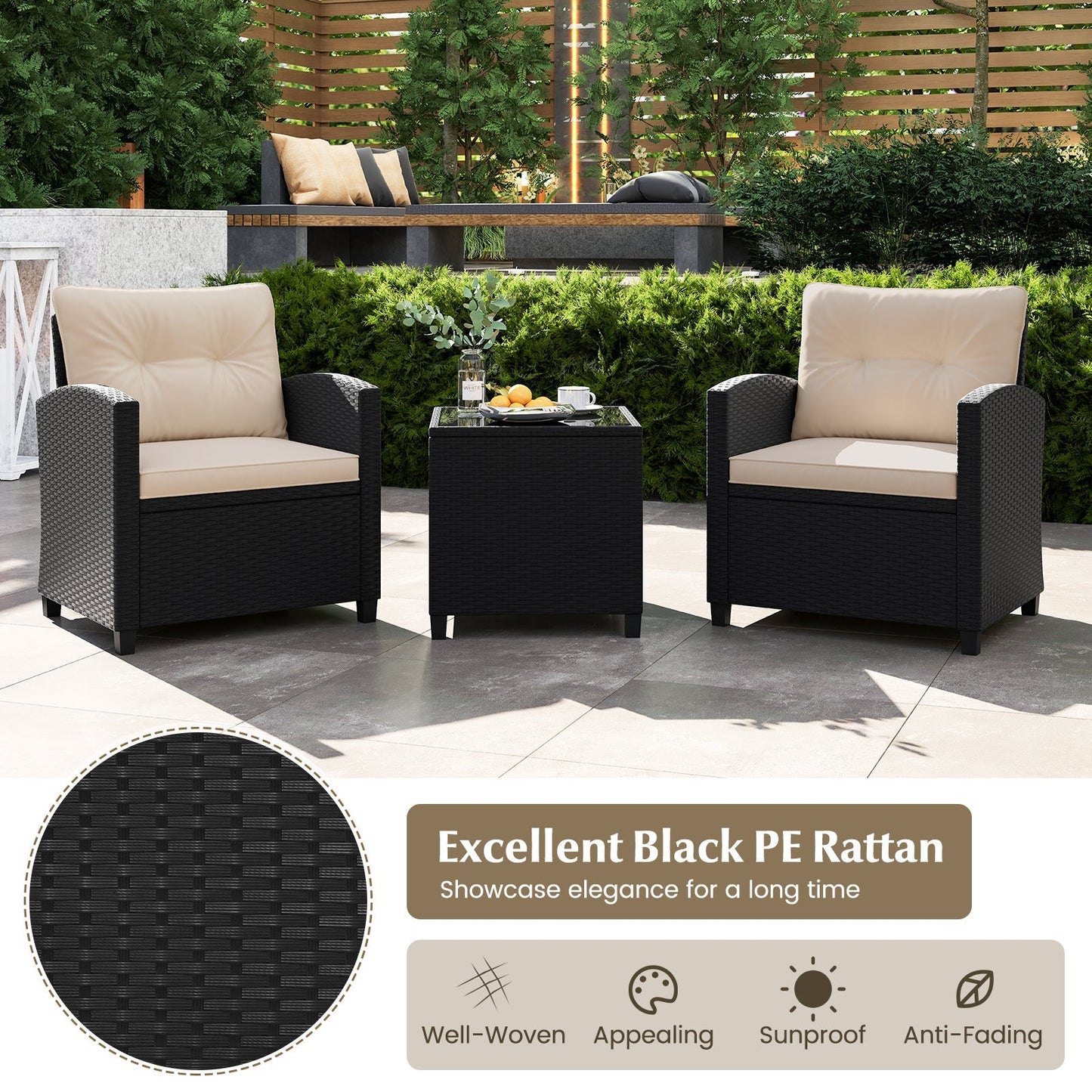 3 Pieces Patio Furniture Set with Tempered Glass Coffee Table