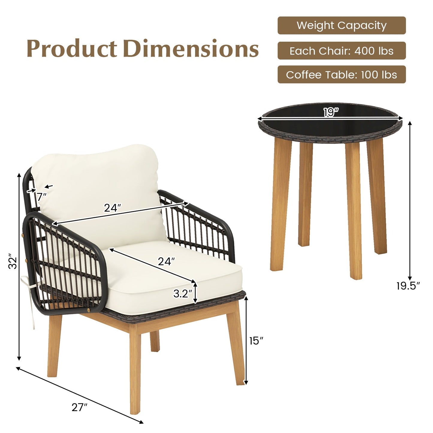 3 Pieces Patio Furniture Set with Cushioned Chairs and Tempered Glass Side Table
