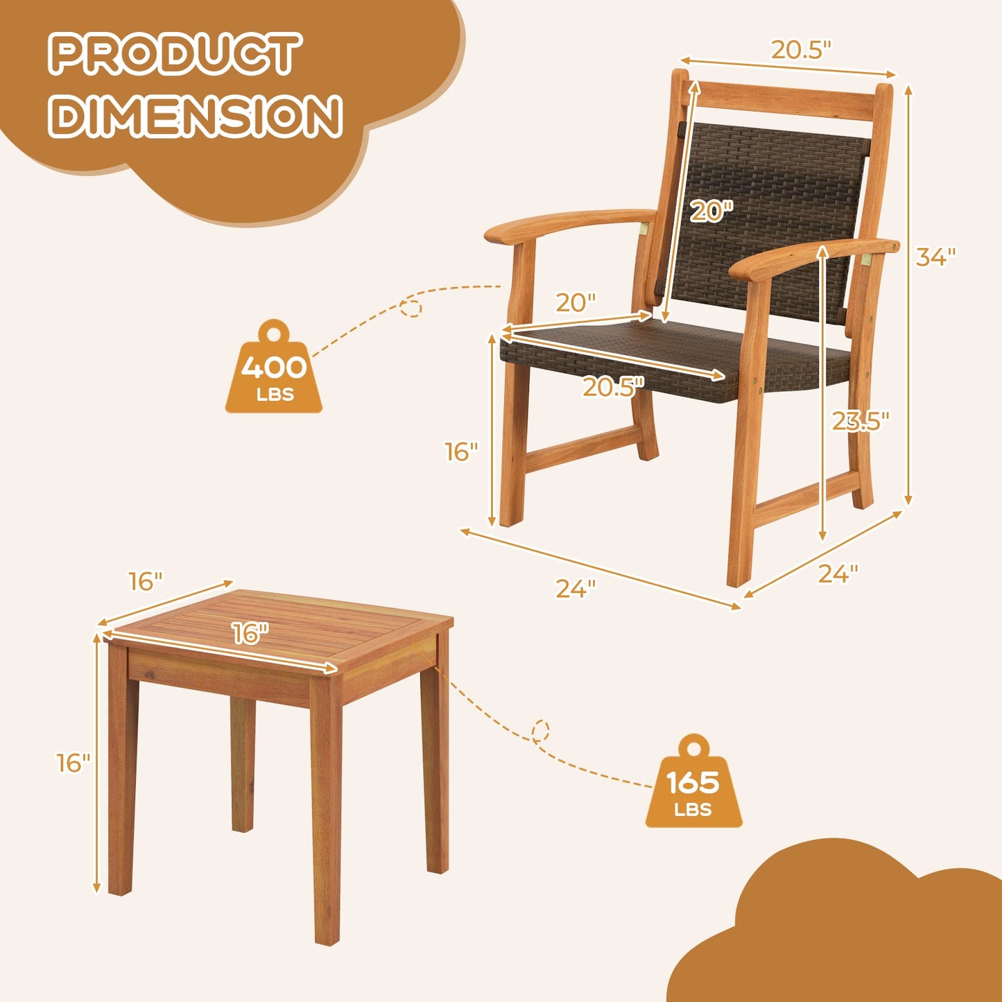 3 Pieces Rattan Bistro Set with Acacia Wood Frame for Garden