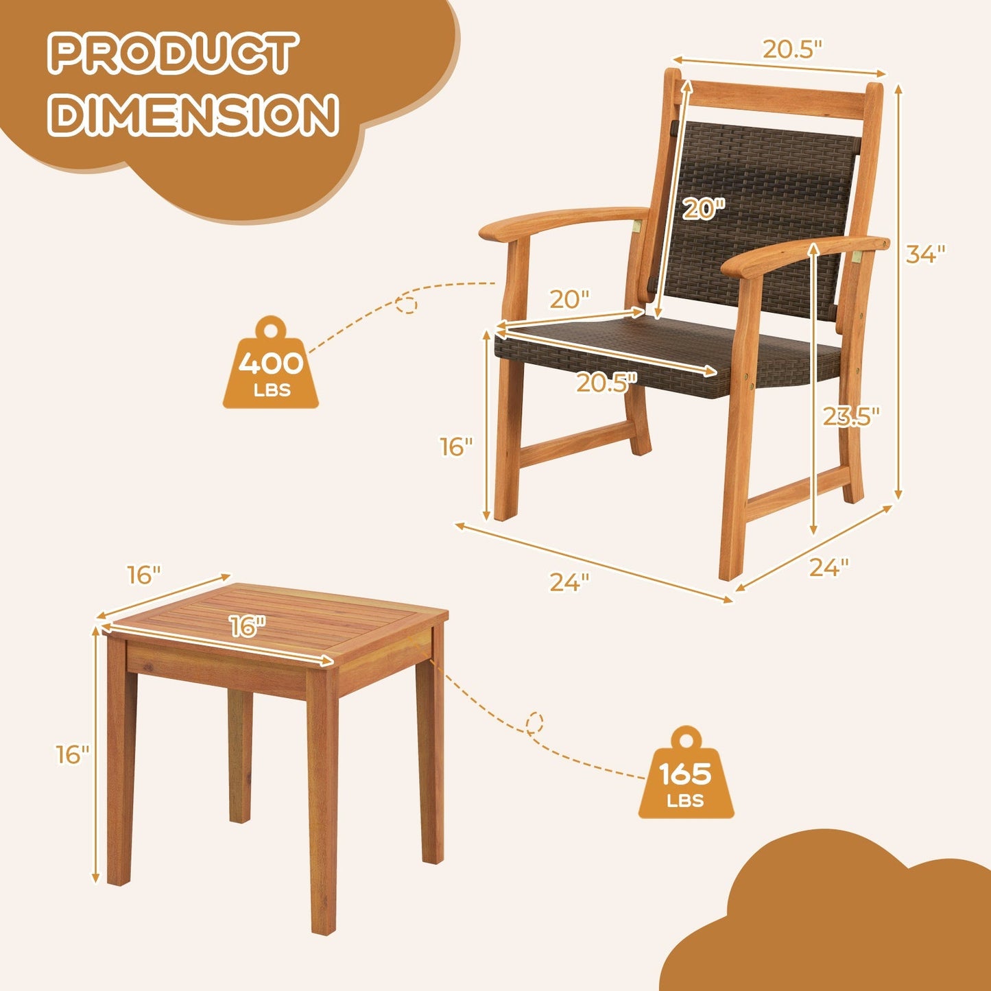 3 Pieces Rattan Bistro Set with Acacia Wood Frame for Garden