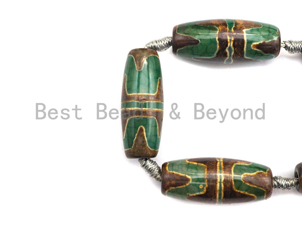 1pc/10pcs Natural Tibetan Agate Beads, Green Yellow Tibetan Long Oval Shape Beads, Dzi Agate Beads, 12x30mm, sku#U542