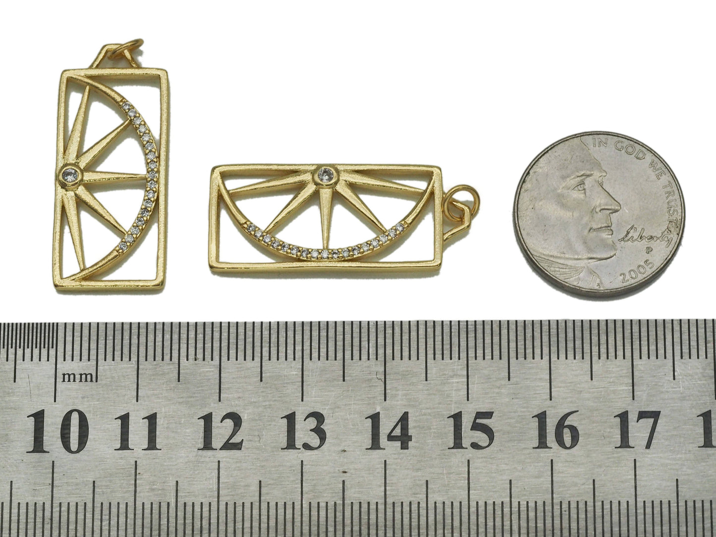 Gold CZ Half Lemon Slice On Rectangle Charm, Sku#LK692