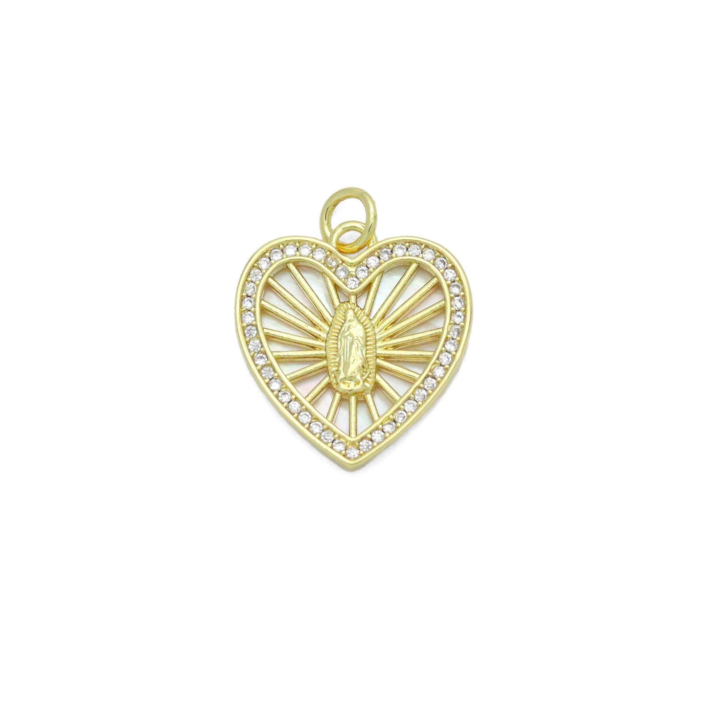 CZ Mother of Pearl Virgin Mary On Radiate Heart Charm Pendant, Sku#LK1149