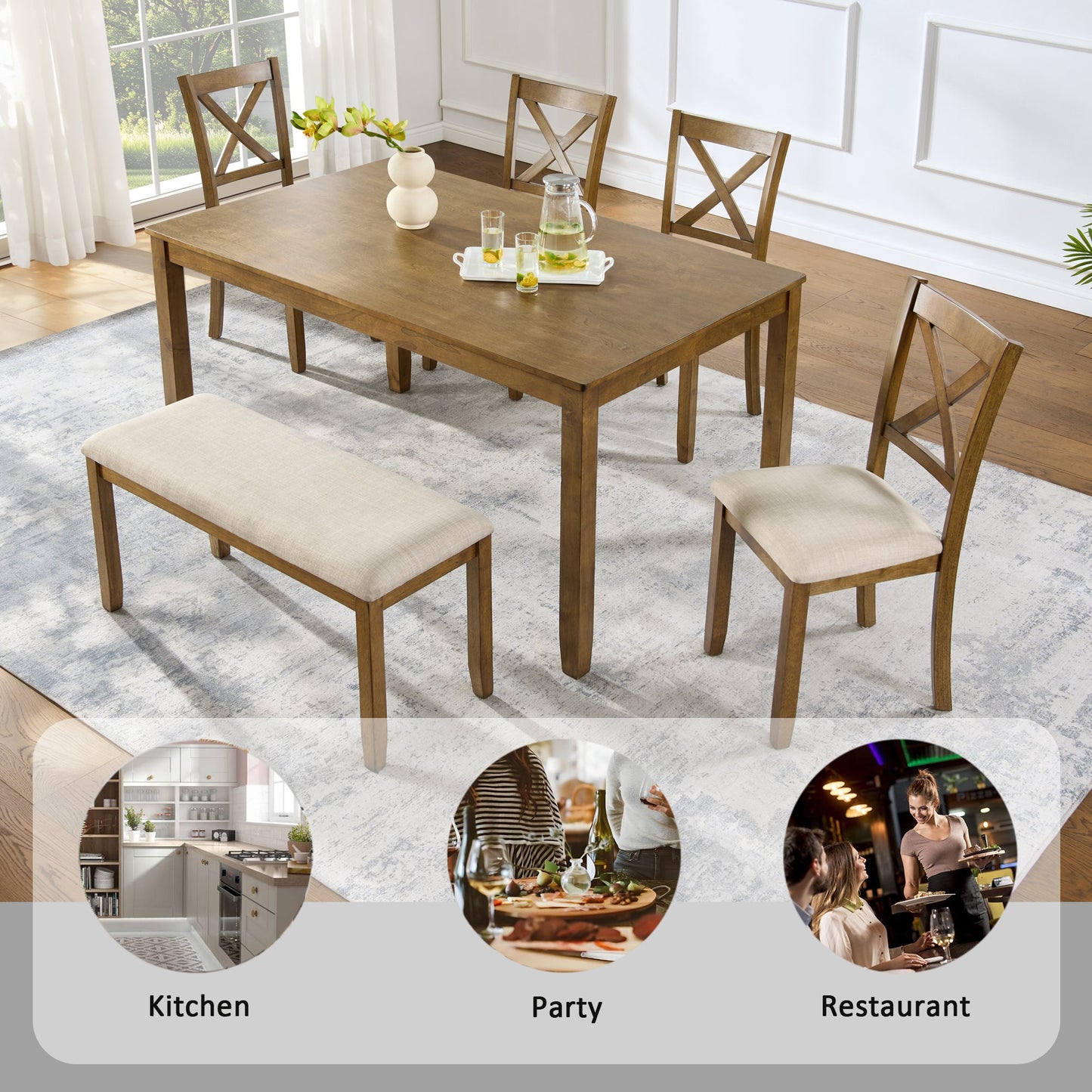 Oak Finish 6-Piece Dining Table Set