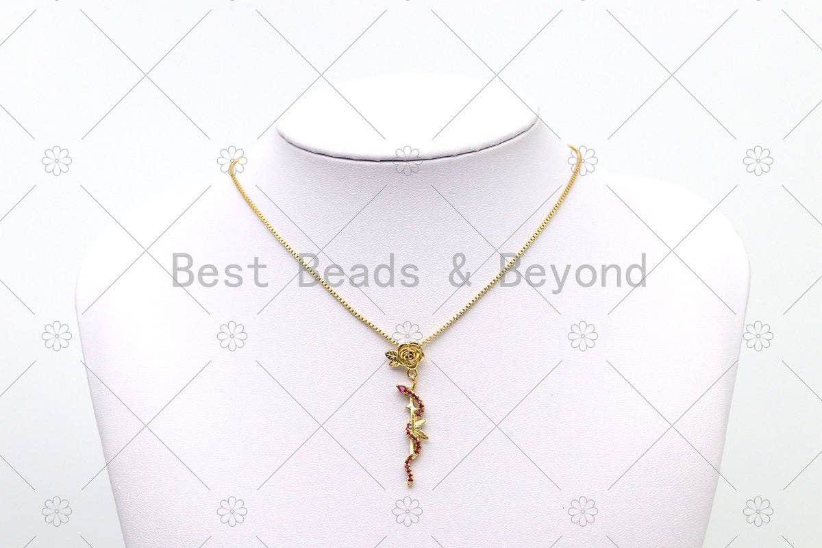 Fuchsia CZ Micro Pave Snake On Rose Flower Shape Pendant, 18K Gold Filled Snake Charm, Necklace Bracelet Charm Pendant,Sku#LK508