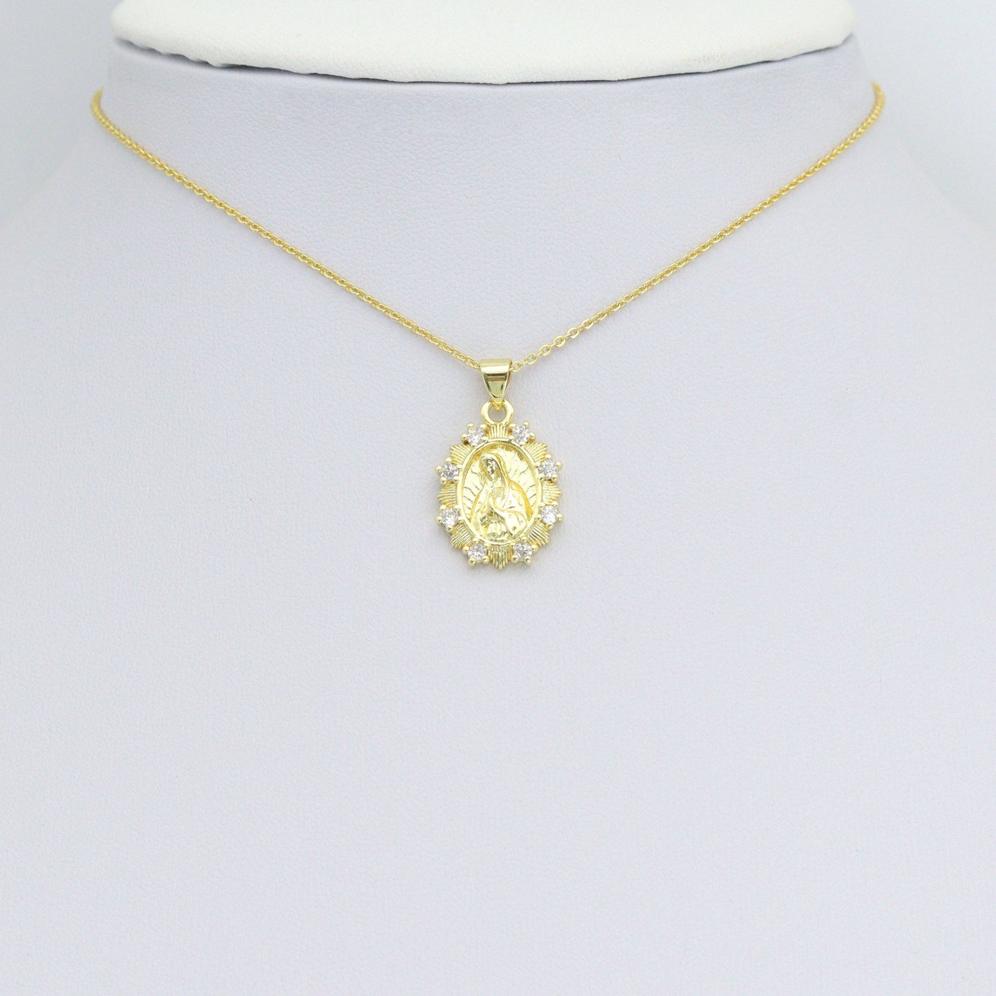 Clear CZ Gold Virgin Mary On Oval Picture Frame Charm Pendant, Sku#LK1204