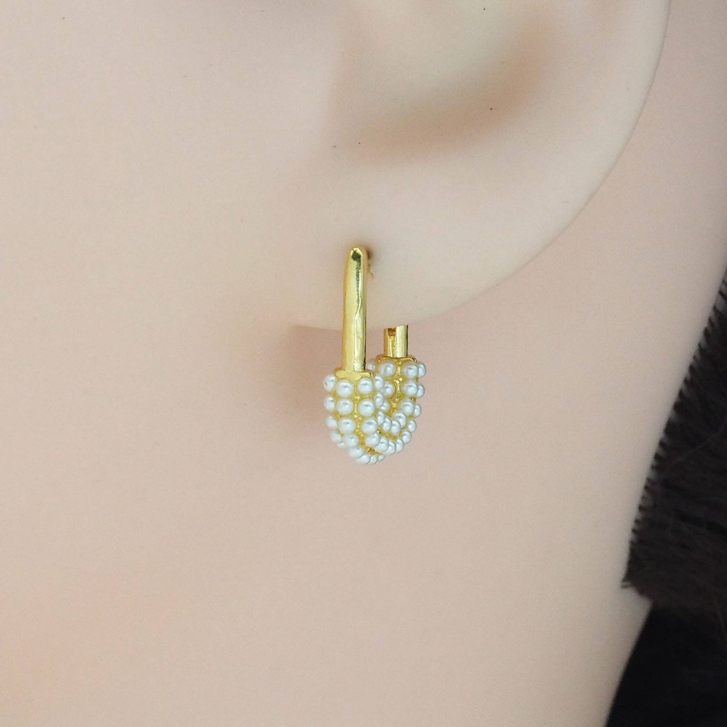 Gold Silver CZ Pearl Lock Huggie Earrings, Sku#B376