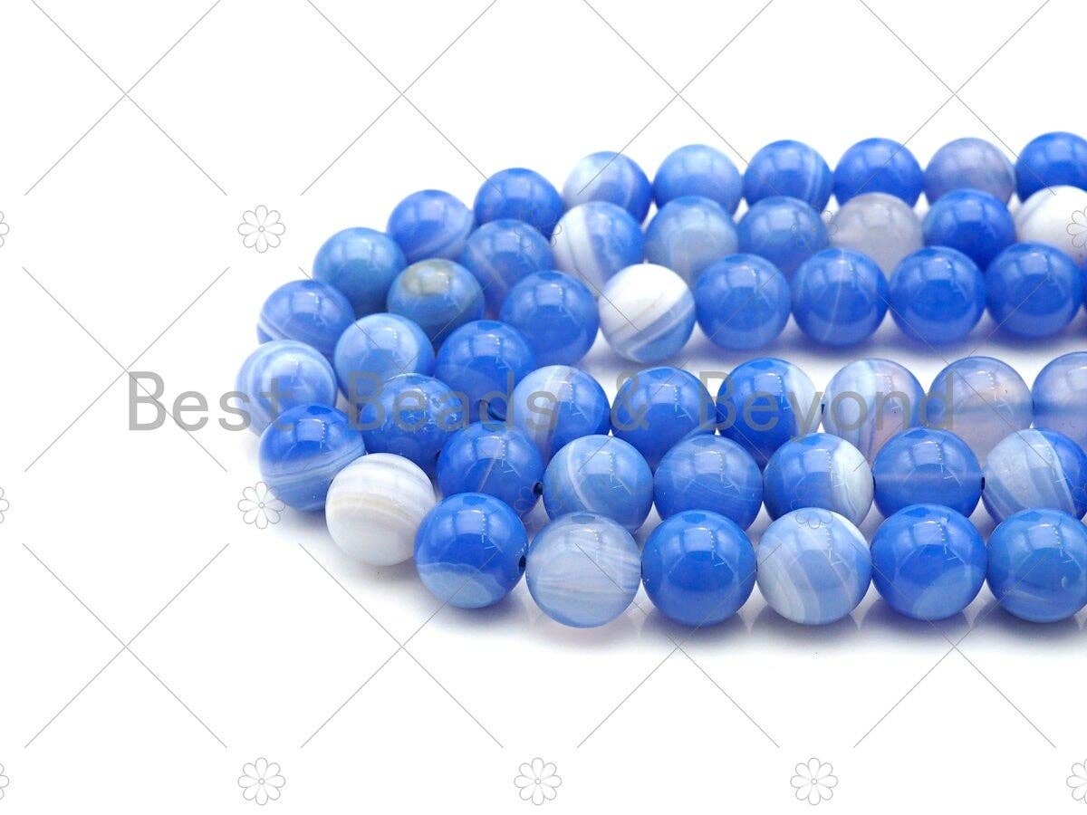 High Quality Light Blue Banded Agate Smooth, Round 8mm/10mm/12mm/14mm, Natural Light Blue Agate Beads, 15.5"Full Strand, sku#UA196