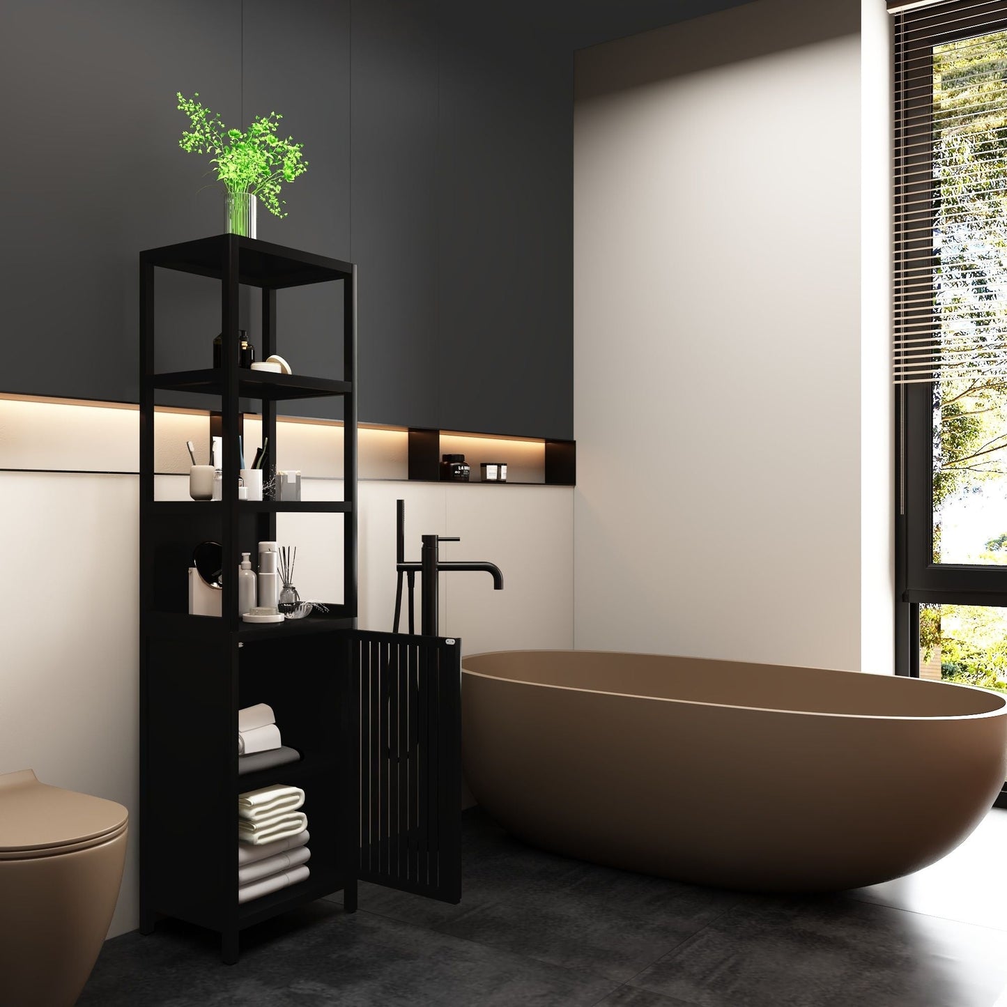 Storage Cabinet With Tall Tower, Multifunctional For Bathroom