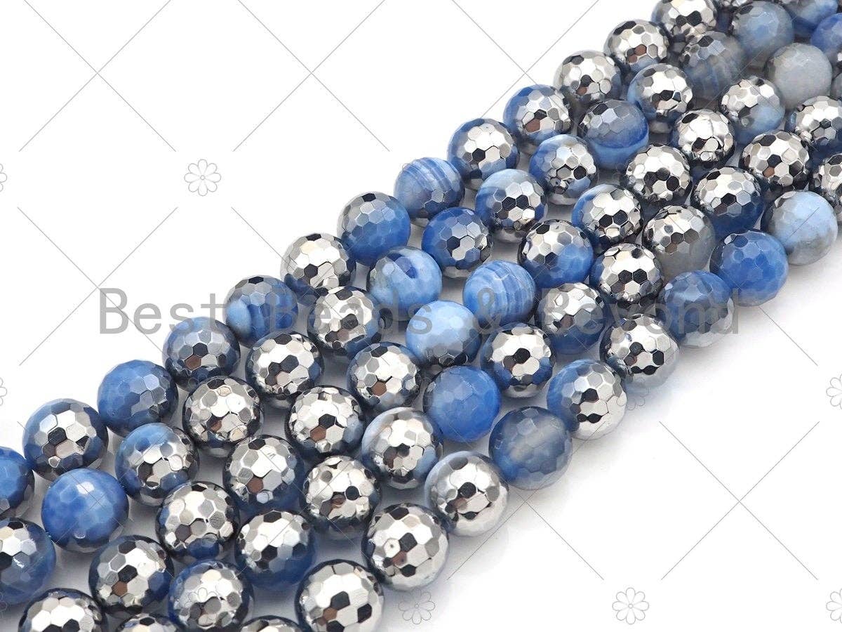 Natural Half Silver Plated Light Blue Agate Beads, 8mm/10mm/12mm Round Faceted Agate Beads, 15.5 Full Strand, sku# UA123