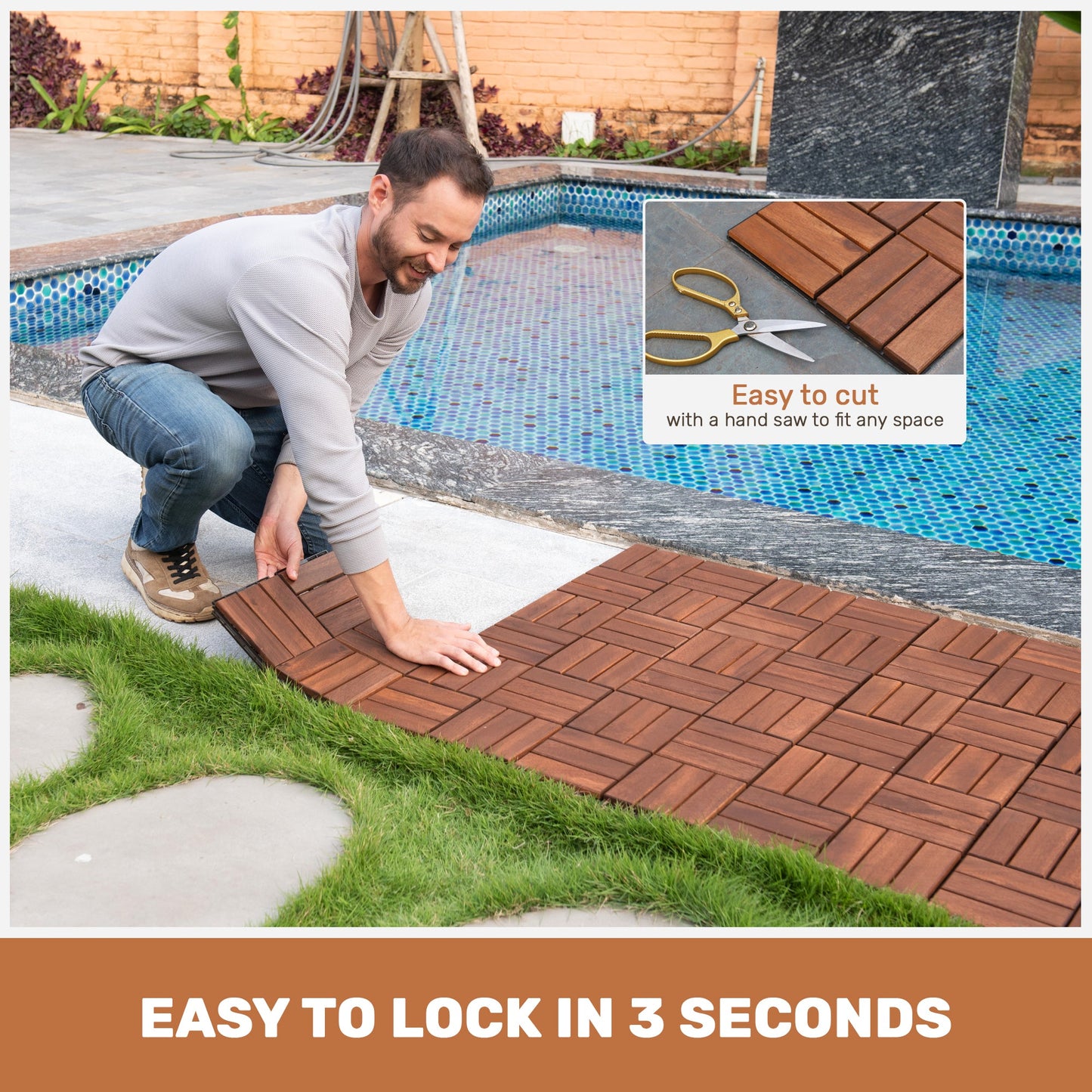 Acacia Wood Interlocking Deck Tiles Checker Pattern, 10PCS 12" x 12" Square