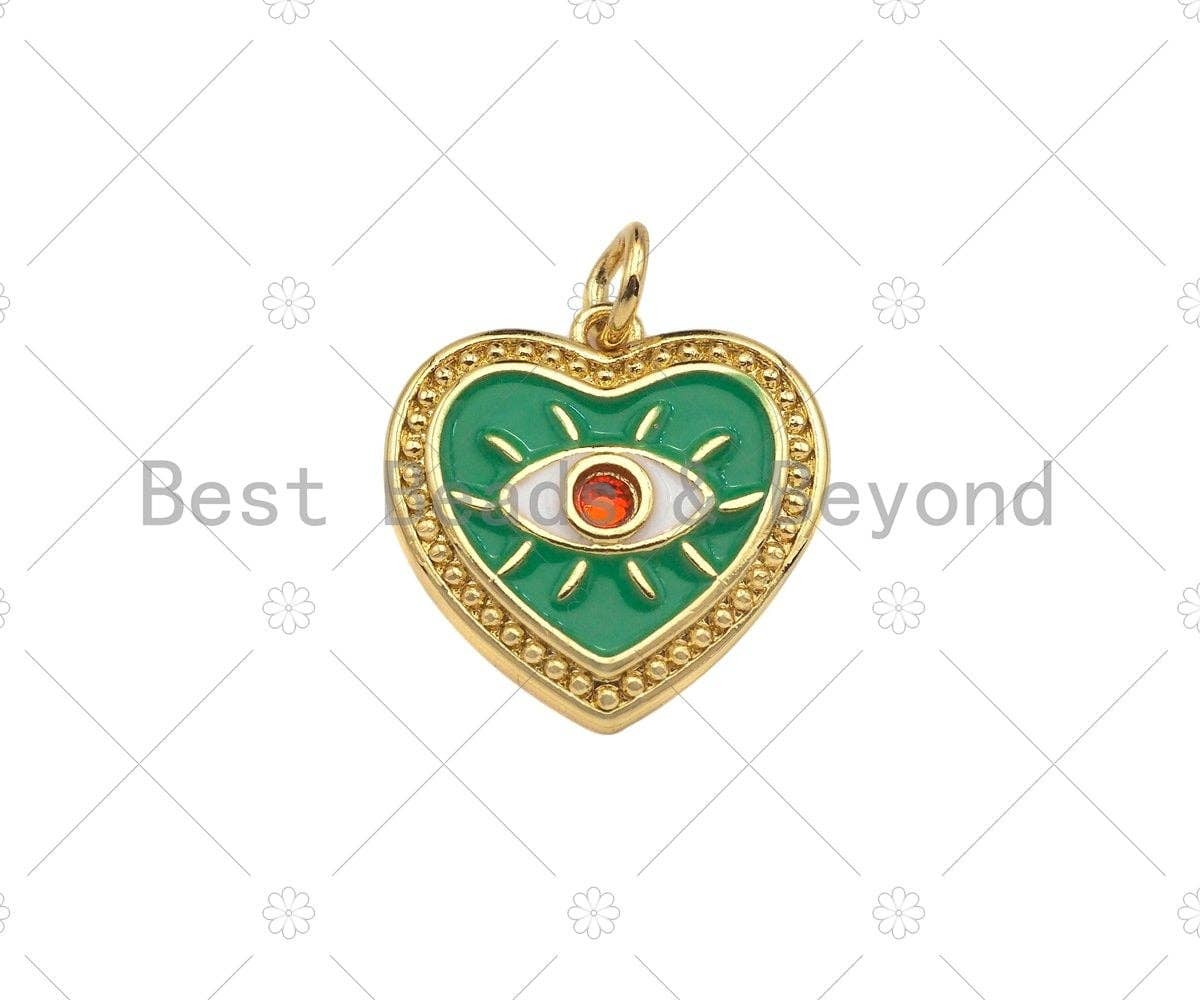 Red CZ Evil Eye On Pink/Green Enamel Heart Gold Pendant,CZ Micro Pave 18K Gold Pendant, Enamel Charm,Enamel Jewelry,15x15mm,Sku#Z1349
