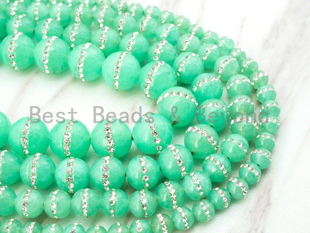 6mm/8mm/10mm/12mm Chrysoprase Jade inlaid with rhinestone,Green Color Beads, Smooth Jade Round Beads, SKU#X1C
