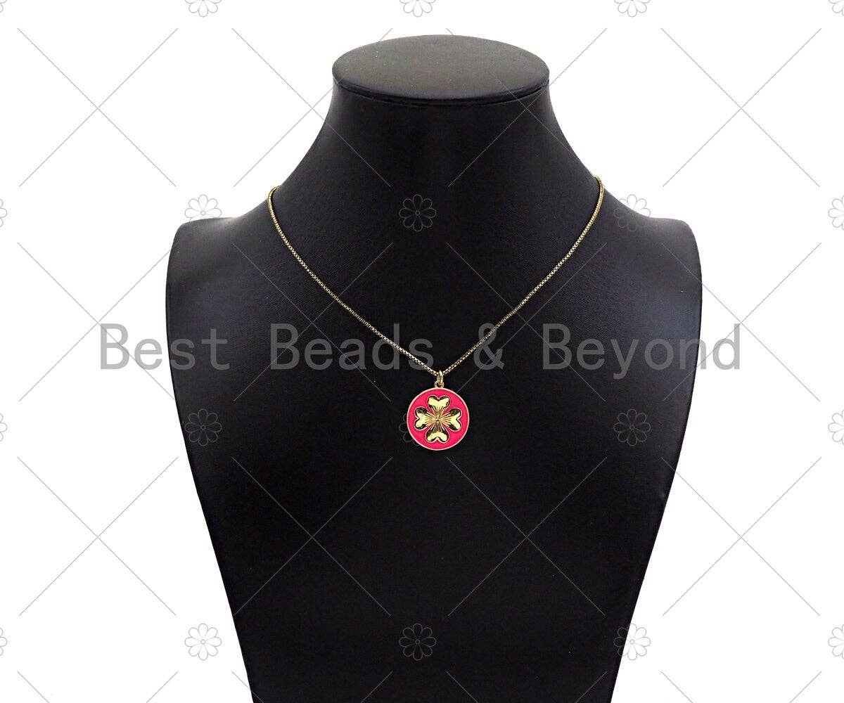 Gold Filled Clover On Colorful Enamel Round Coin Shape Pendant, Shamrock charm, Sku#L570