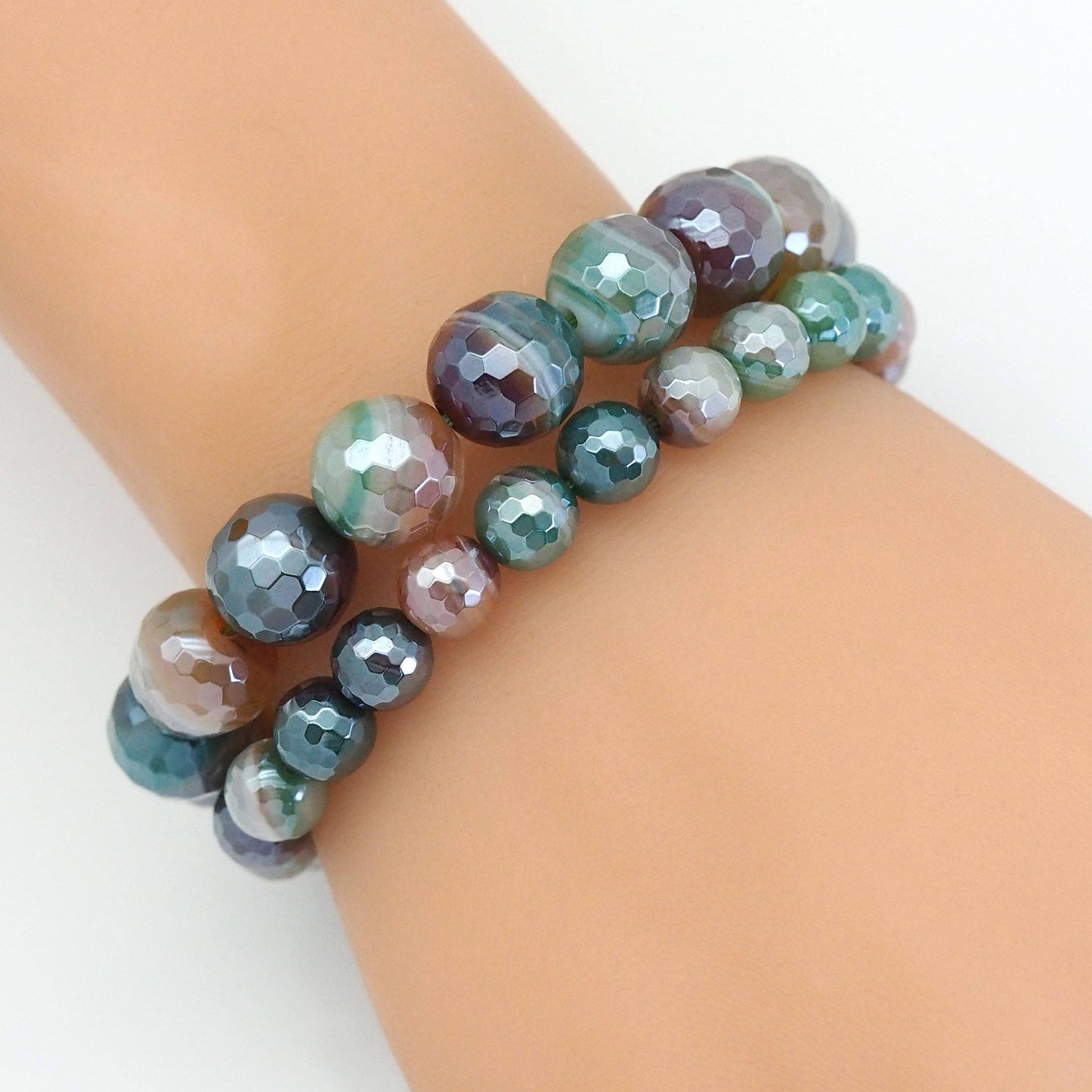 Mystic Brown Green Banded Agate Stretchy Bracelet, 8mm/10mm/12mm, SKU#EF401
