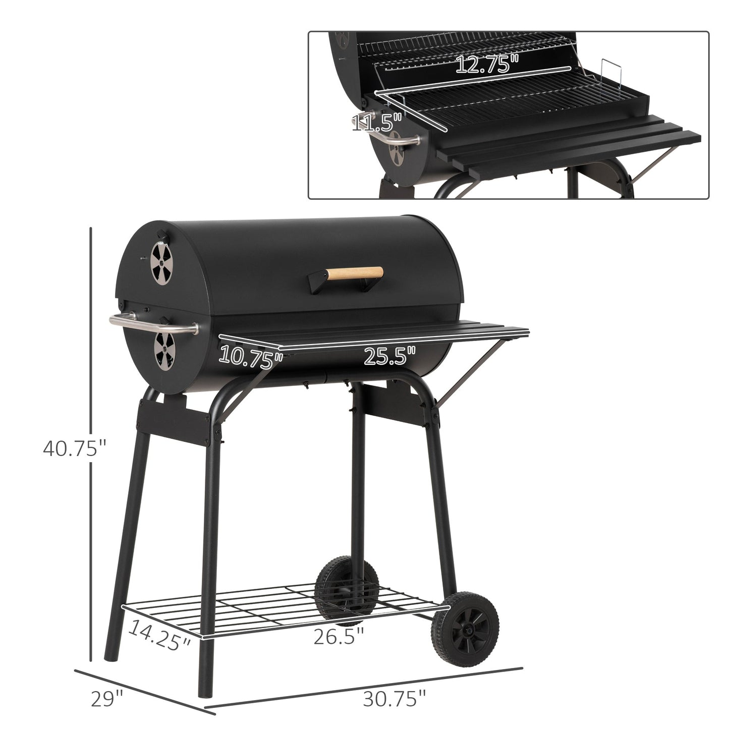 Outsunny 30" Portable Barrel BBQ Grill