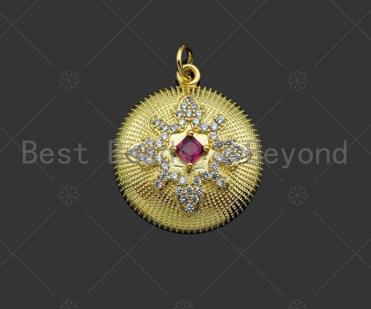 Gold Filled Fuchsia CZ Micro Pave Flower Pattern Medallion Pendant, 18K Gold Filled Charm, Necklace Bracelet Charm Pendant,mm,Sku#LK347