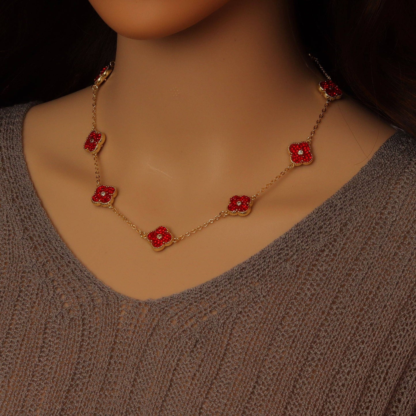Red White Black Double Sided Flower Link Adjustable Necklace, Sku#FH230