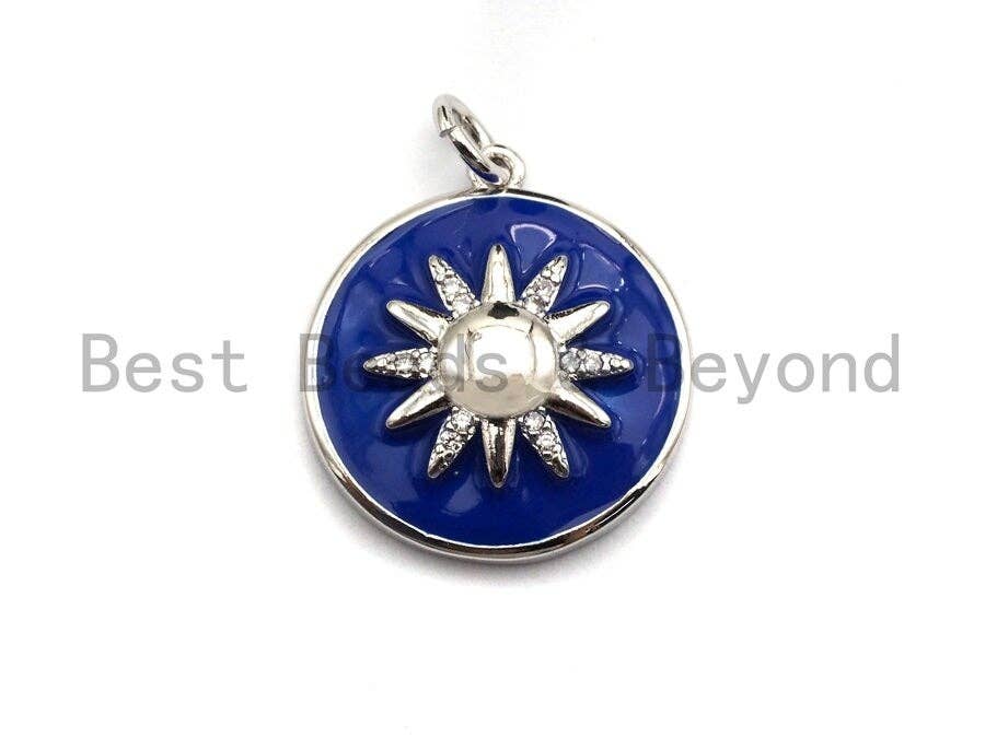Pave CZ Blue Enamel Sunflower Star Charms Pendant, Enamel Pendant,Round Enamel, Oil Drop jewelry Findings, 18x20mm,sku#Z381