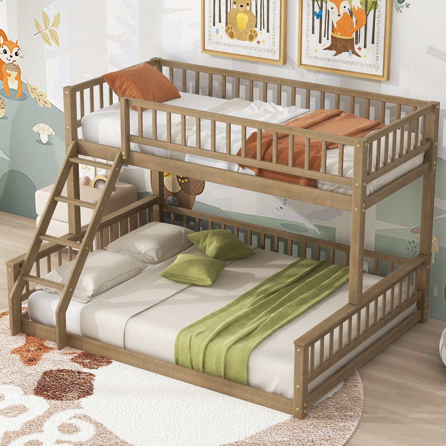 Twin XL Over Queen Bunk Bed with Ladder and Guardrails
