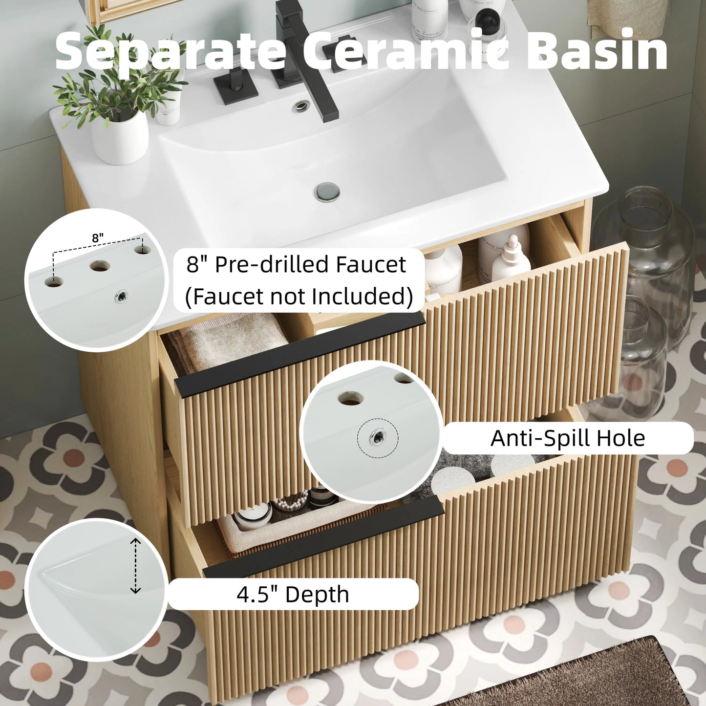30" Bathroom Vanity with Ceramic Sink and Full-Extension Drawers