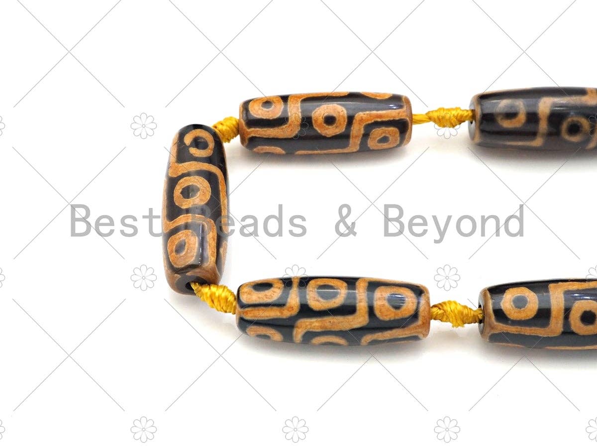 Natural Tibetan Agate Barrel Beads, Yellow Black Dzi Drum Beads, Tibetan Dzi Beads, 10x30mm, Sku#U1041