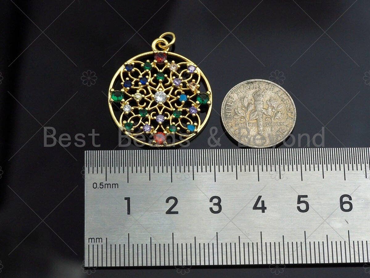 Gold Colorful Charms, Colorful Filigree Charms, Multi-Color Round Pendant, Gold Charm, Gold Pendant, Necklace Charms, 25x28mm, Sku#LK99
