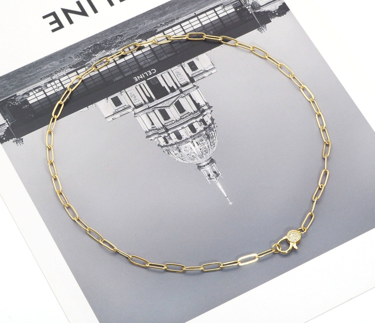 Matte/Shinny Gold Paperclip  Necklace with CZ Clasp, #EF256