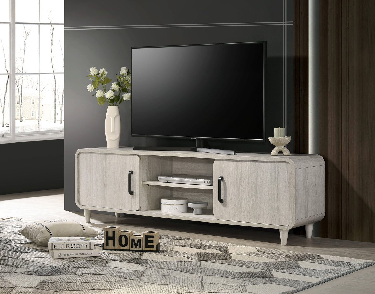 1pc TV Stand - Contemporary Light Wood Finish with Sliding Doors