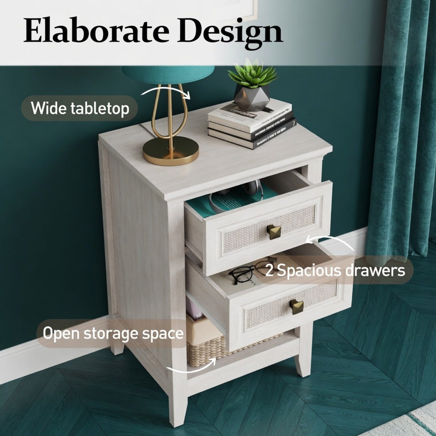17.7" White Rattan Nightstand