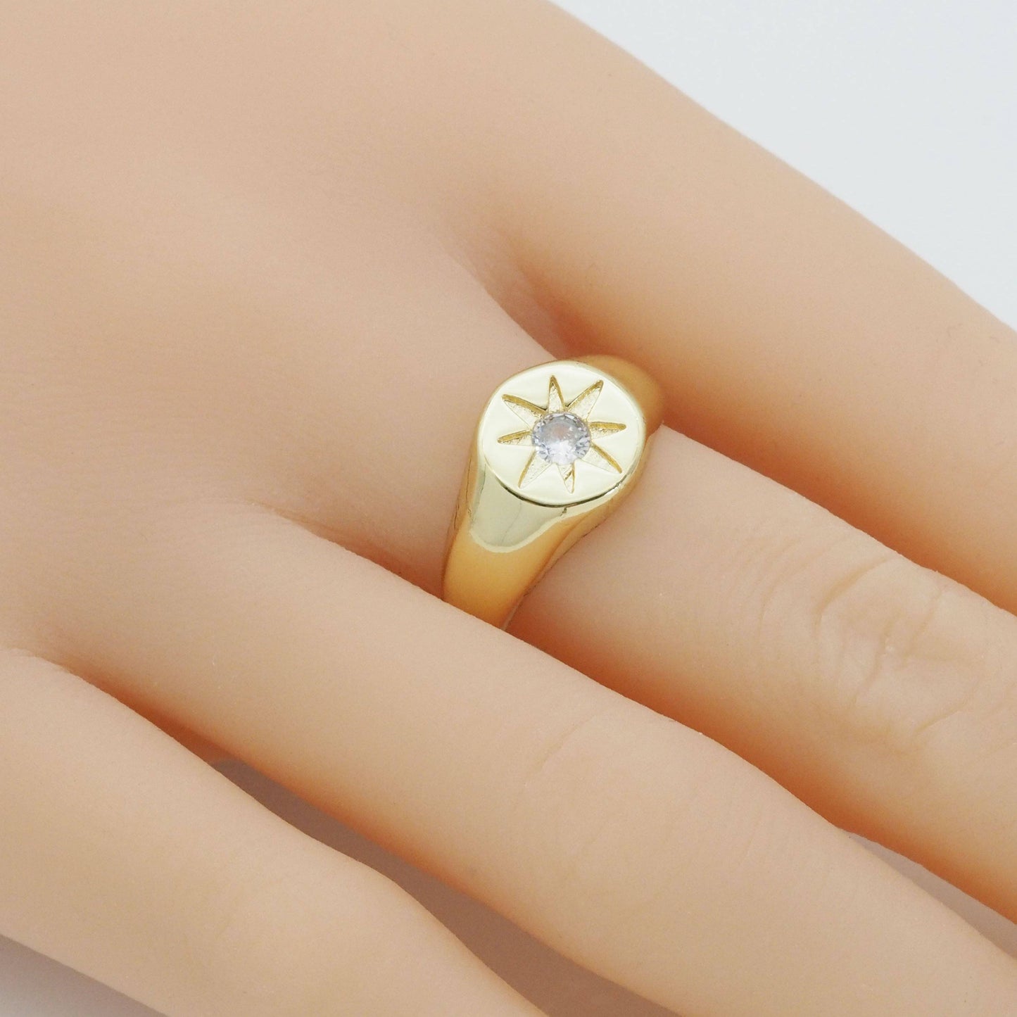 Gold CZ North Star Signet Adjustable Ring, Sku#LX224