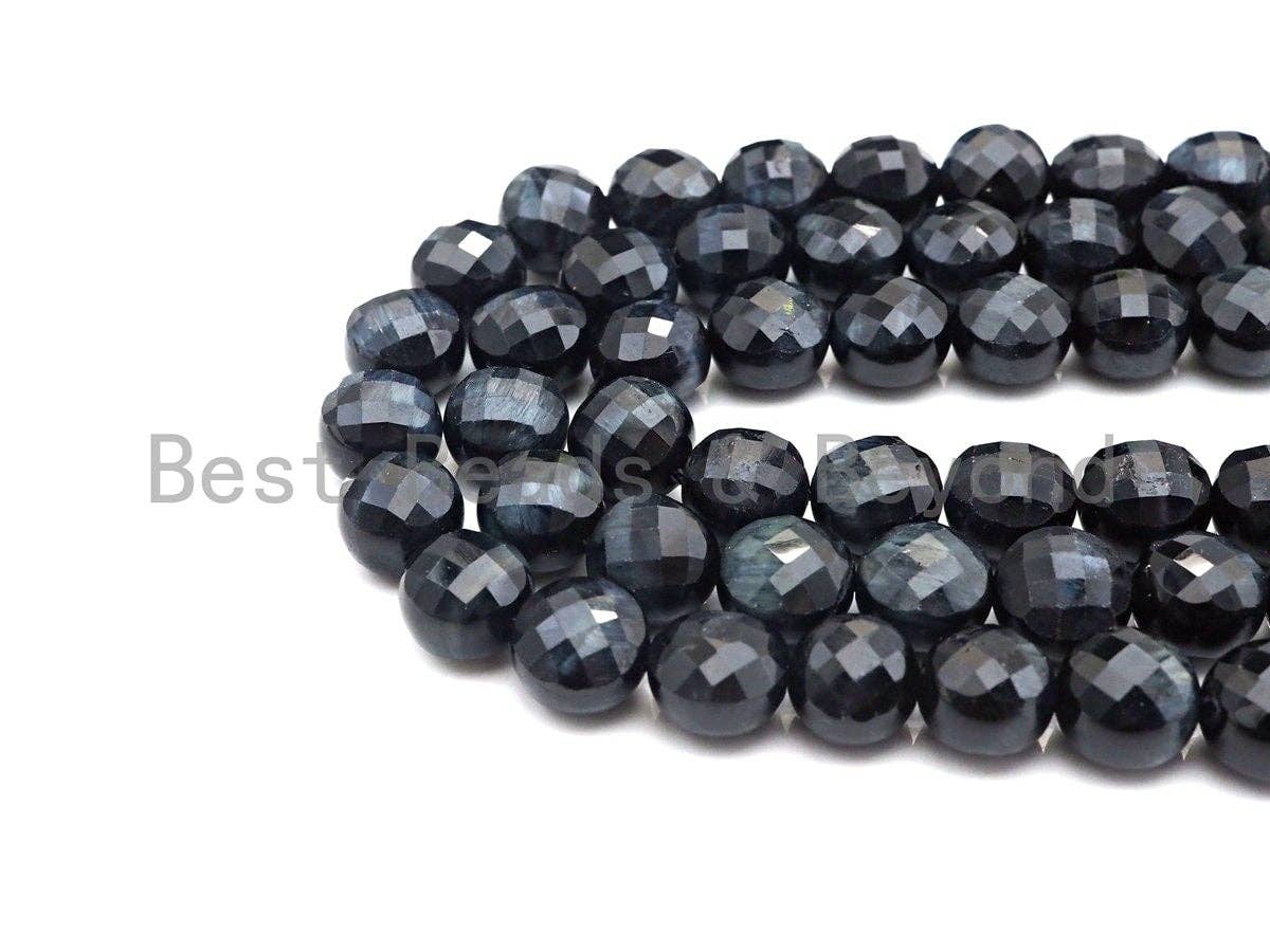 High Quality Natural Double Sided Turtle Shell Cut Blue Tiger Eye Coin Shape beads,10mm Checkerboard Cut Beads, 15.5" Full strand, Sku#UA86