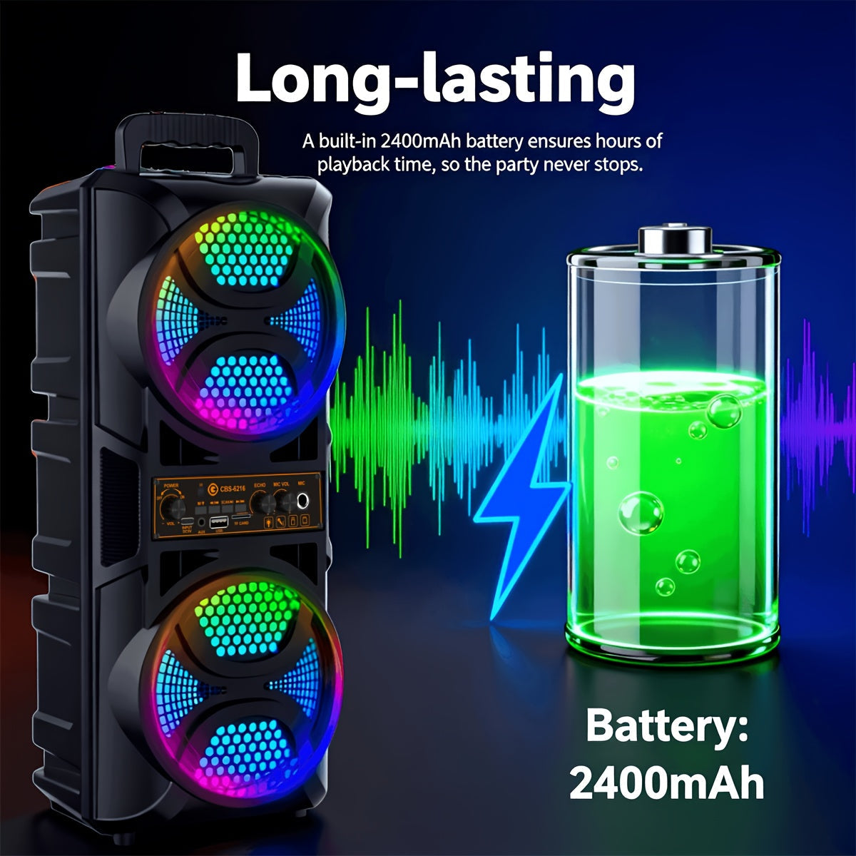 Enceinte Bluetooth portable avec basses subwoofer, double haut-parleur de graves LED 6,5" et microphone