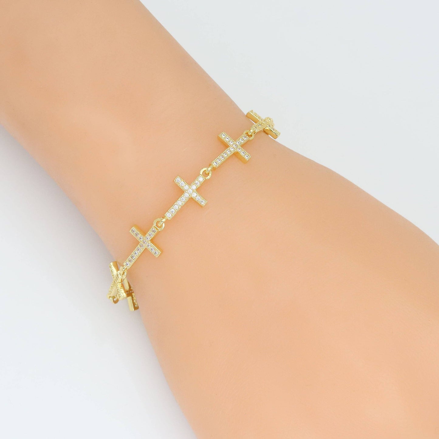 Clear CZ Cross Link Gold Adjustable Bracelet, Sku#LD618