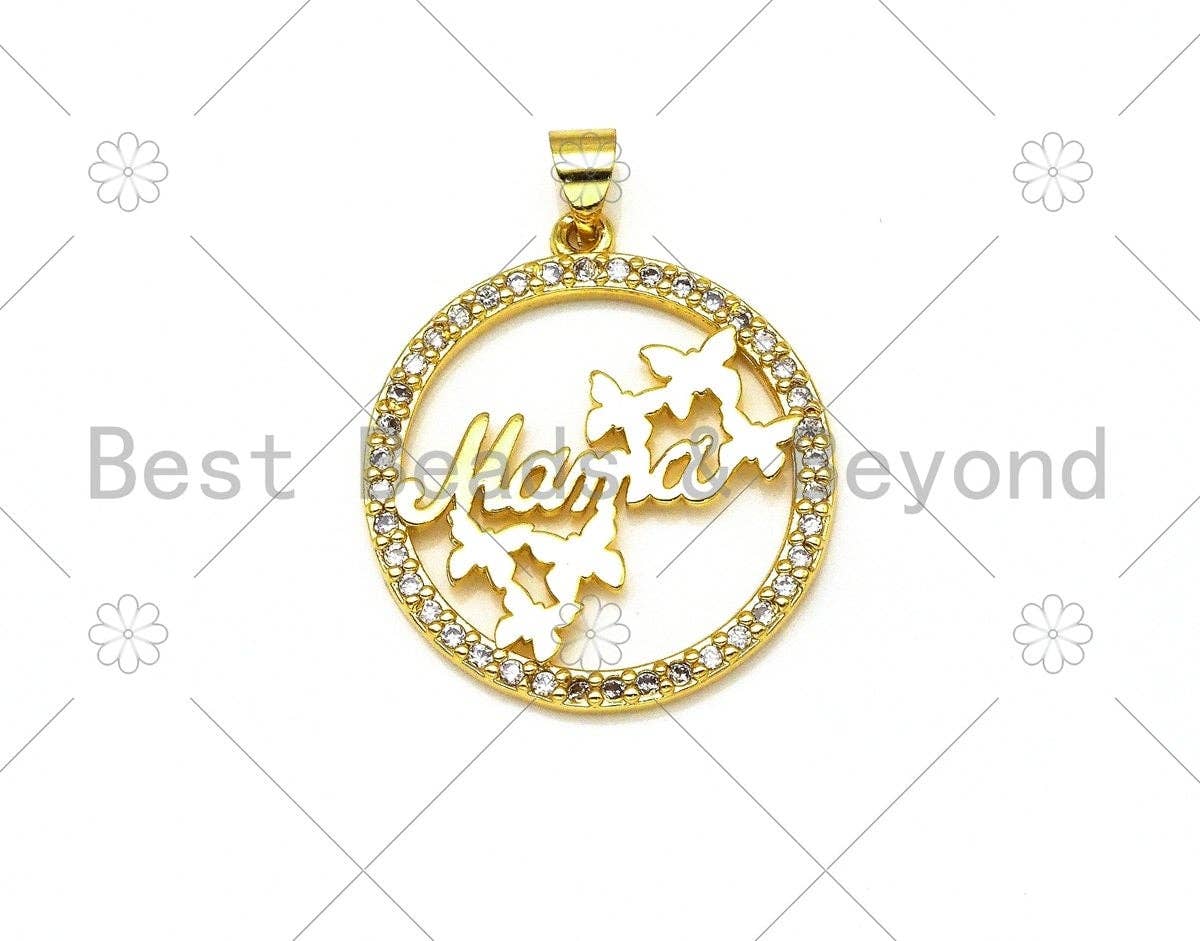 CZ Micro Pave MAMA Word Flower On Round Ring Shape Pendant, 18K Gold Filled Mother's Day Charm, Necklace Bracelet Pendant,25x28mm,Sku#LK387