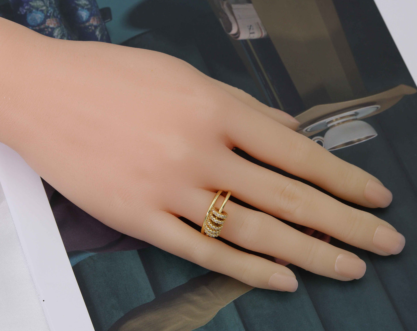Movable CZ Spacer Gold Double Line Ring, Sku#LD304