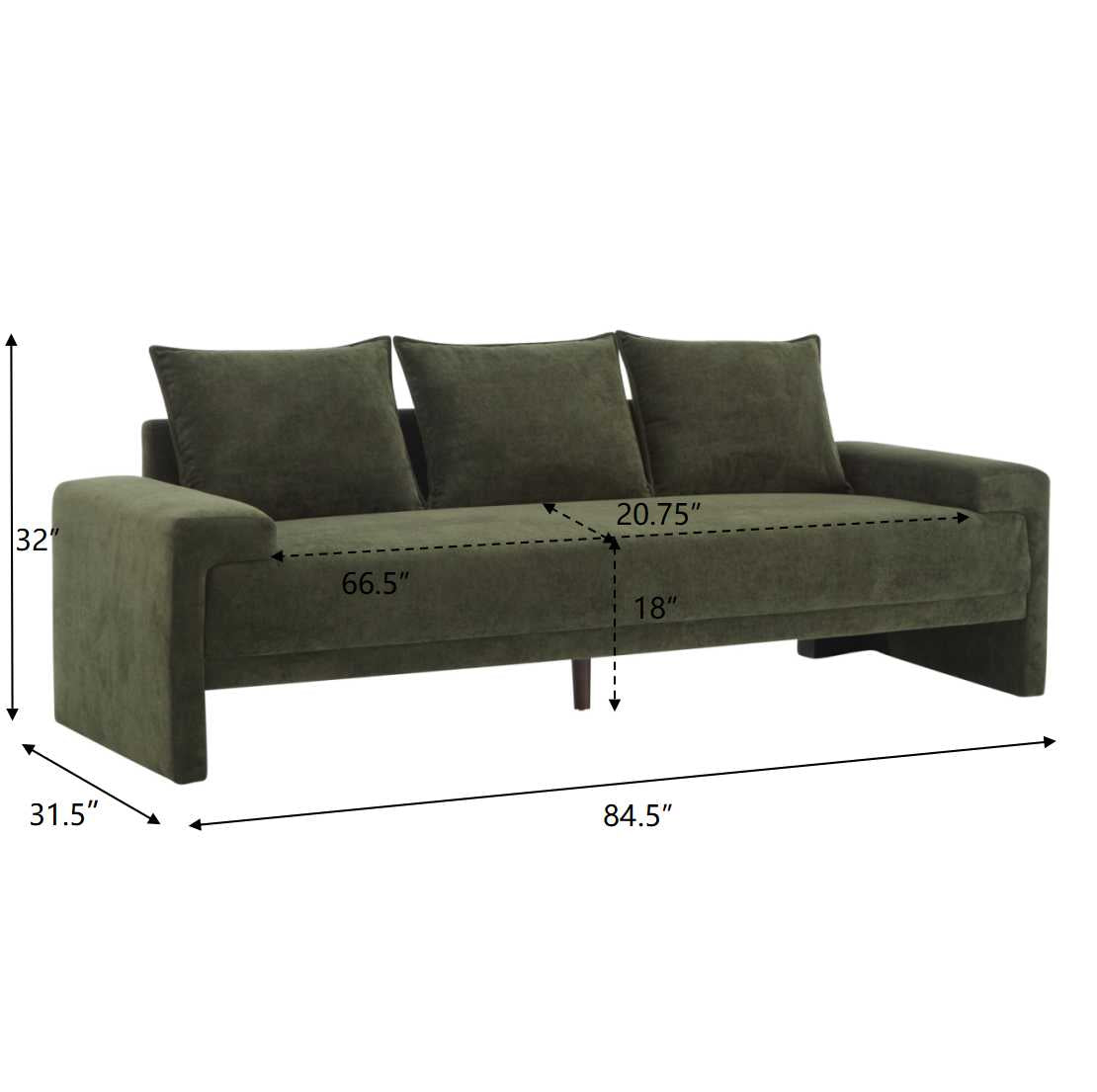 Algora 84.5 In. 3 Seater Modern Upholstered Velvet Sofa - Moss
