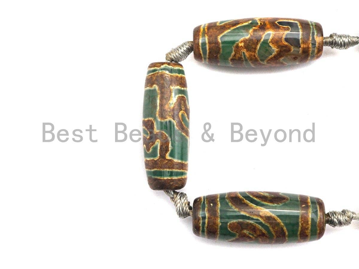 1pc/10pcs Natural Tibetan Agate Beads, Yellow Green Tibetan Long Oval Shape Beads, Dzi Agate Beads, 12x30mm, sku#U543