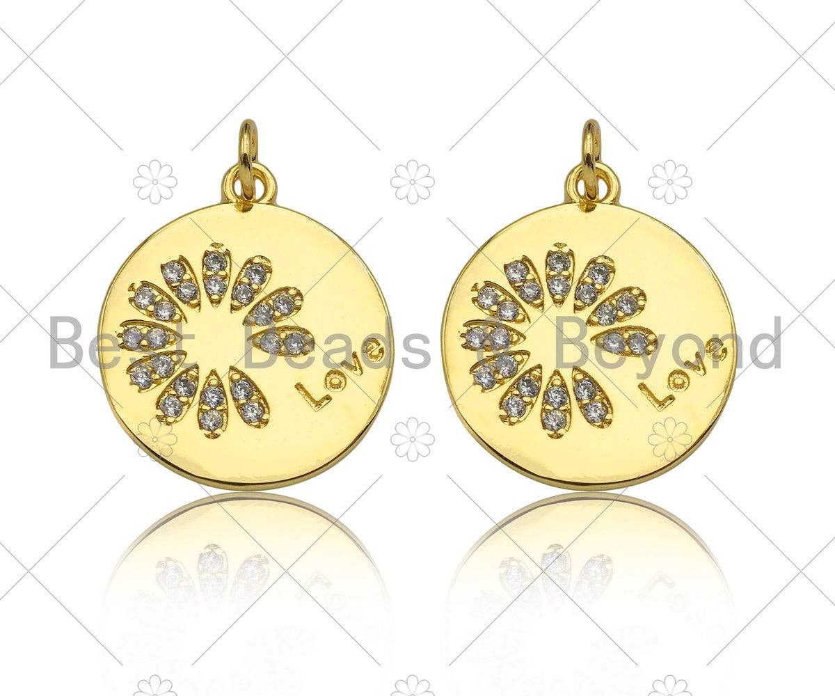 Gold Filled CZ Micro Pave Daisy Flower On Coin Shape Pendant,18K Gold Filled Lover Word Charm, Necklace Bracelet Charm,18x20mm,Sku#LK339