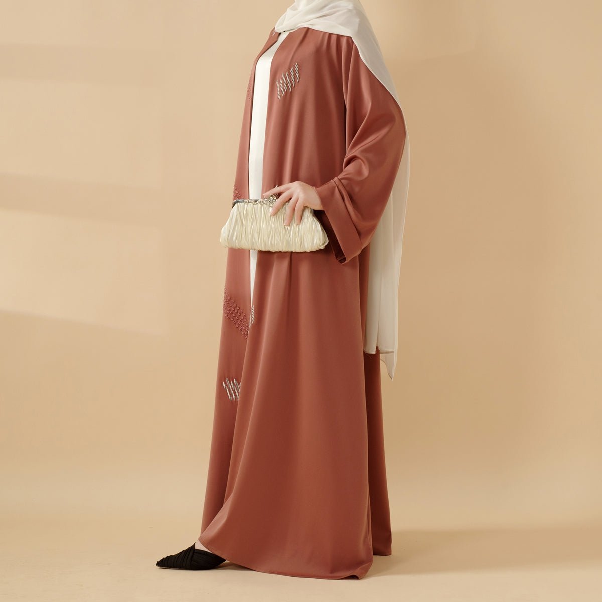 3D Embroidery Abaya With Geometric Beads. 3D Embroidered Open Abaya (MOA085)